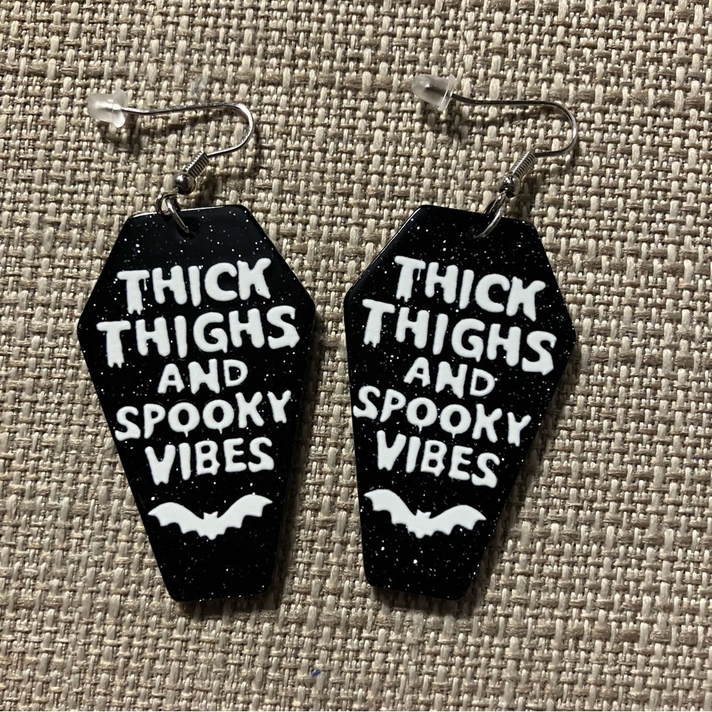 NEW Thick Thighs & Spooky Vibes Black Coffin Earrings Sparkly Acrylic